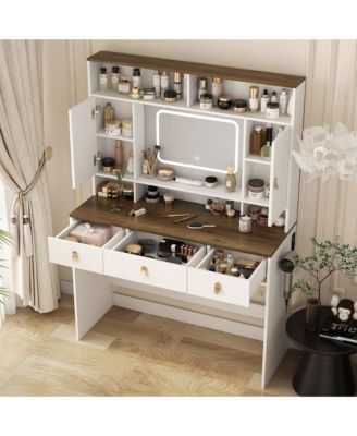 Farmhouse Makeup Vanity Desk - 43" Wide Dressing Table with Lighted Mirror, Power Outlet, Open Shelves, Side Cabinet and Drawers for Bedroom