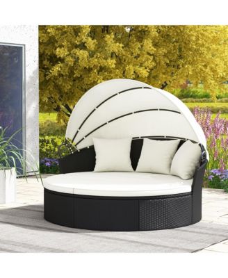 Patio Round Daybed Wicker Daybed w/ Retractable Canopy Separated Seating Sectional Sofa