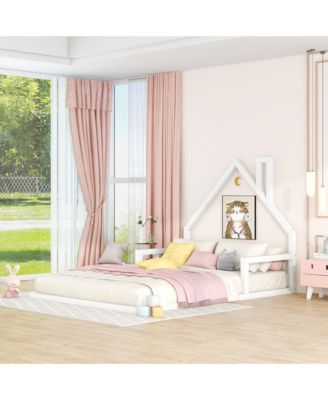 Wood Floor Bed House Shaped Headboard White Pine MDF No Box Spring