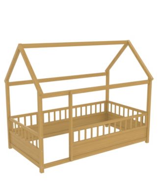 Wooden Floor Bed With House Roof Frame And Fence Guardrails For Kids
