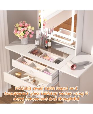 Vanity Set - White Makeup Vanity Table with Stool, Compartmentalized Drawers and Foldable Side Tables, Dressing Table for Bedrooms