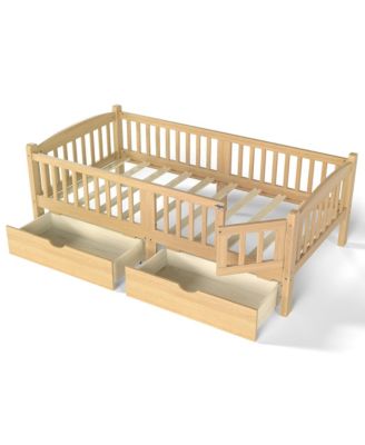 Wood Low Bed Frame, Kids Platform Bed with Storage Drawers and Full-Length Guardrails for Children, No Box Spring Needed
