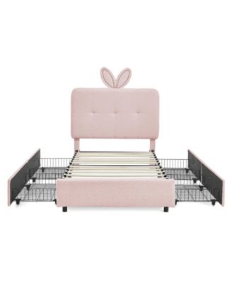 Kids Upholstered Bed Frame, Boucle Platform Bed with 4 Storage Drawers, LED Light and Rabbit Ear Shaped Headboard for Boys Girls
