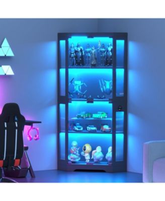 Glass Display Cabinet, 4-Tier Curio Cabinets with 3 Color Lights, Corner Bookcase for Collectibles, Storage Cabinets with Human Body Sensor