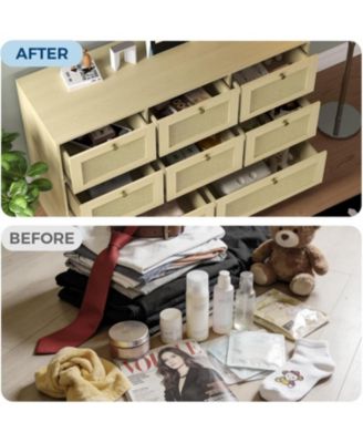 Rattan Dresser with 6 Drawers, Modern Boho Wooden Dresser for Bedroom Storage, Wicker Chest of Drawers with Metal Handles and Solid Wood Legs