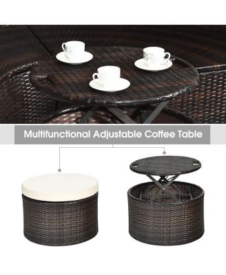 Cushioned Patio Rattan Round Daybed w/ Adjustable Table 3 Pillows Canopy