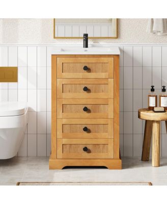 20" Natural Farmhouse Woodgrain Bathroom Vanity With Ceramic Sink, Soft-Close Door And Adjustable Shelf