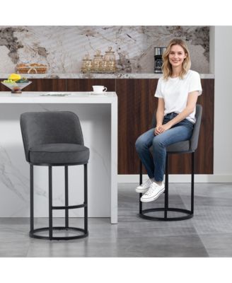 Modern Barrel Bar Stools Set of 2 - Linen Fabric Upholstered Counter Height Chairs with Back and Footrest for Kitchen Island