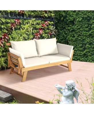 Adjustable Patio Sofa Daybed Acacia Wood Furniture w/ Cushions