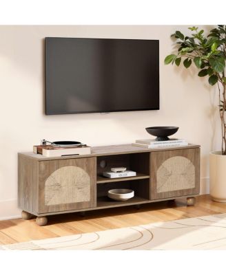 Oak Finish Engineered Wood TV Console, Round Ball Legs, Functional Storage