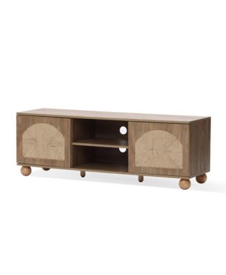 Oak Finish Engineered Wood TV Console, Round Ball Legs, Functional Storage