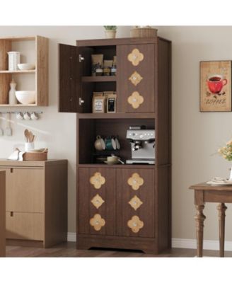 72" Tall Pantry Cabinet with Countertop, Freestanding Kitchen Hutch Storage Cupboard with Carved Door & Crystal Handle