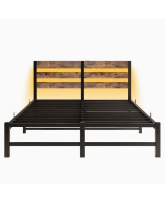 Queen Size Metal Bed Wooden Headboard RGB Lights Charger Storage