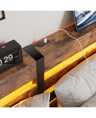 Queen Size Metal Bed Wooden Headboard RGB Lights Charger Storage