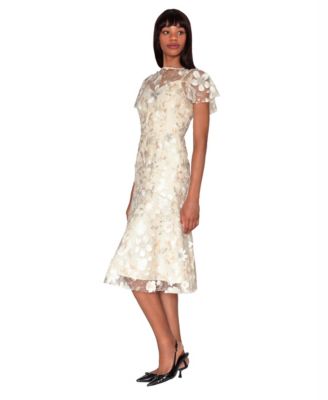 macy embroidered midi dress Dessy Collection Women's 3D Floral Embroidered Little White Midi Dress with Nude Corset Underlay