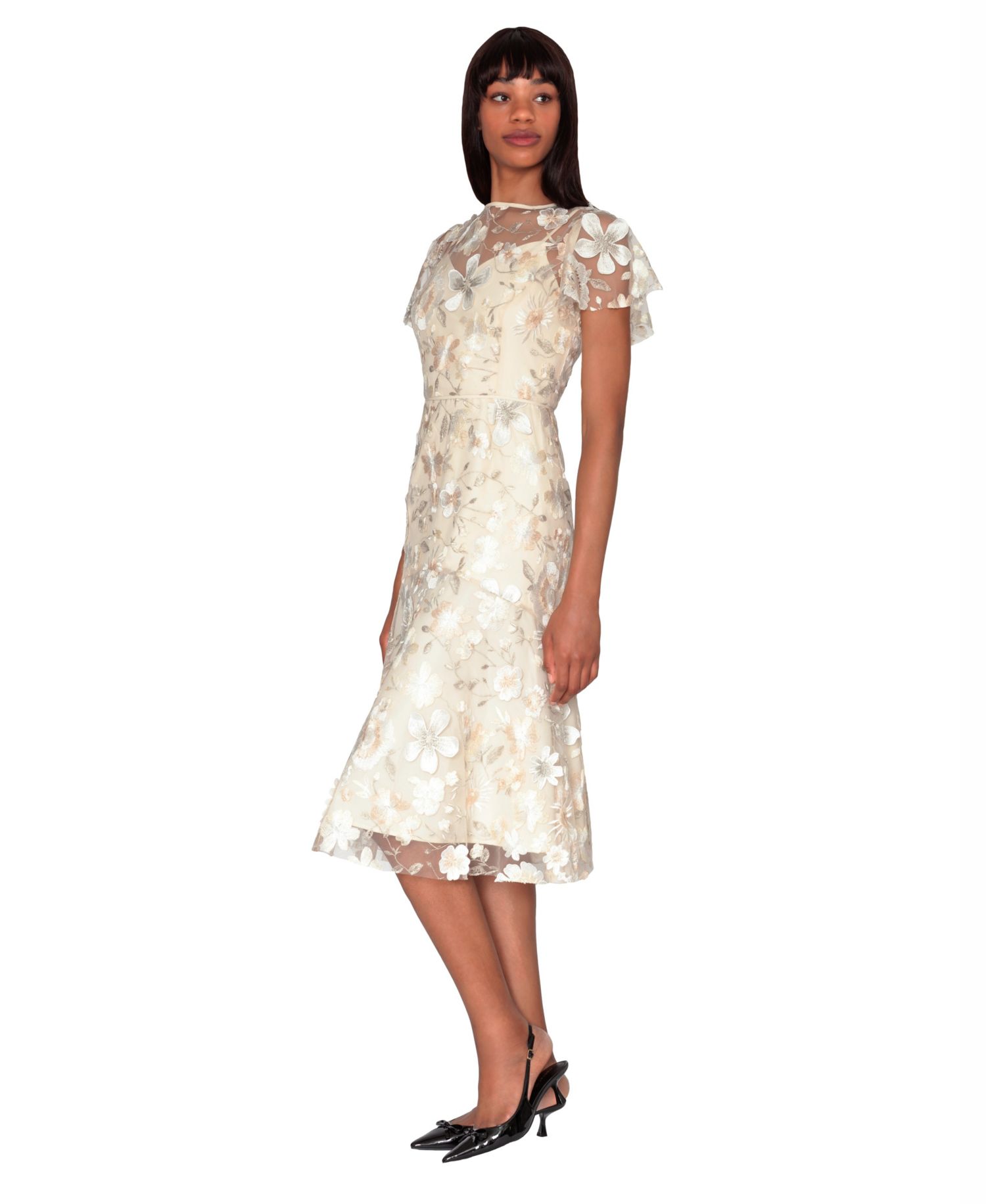 Women's Embroidered Boat Neck Polyester Midi Dress