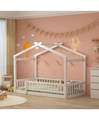 Twin Size Wood House Bed Roof Fence Pine Wood Frame 7 Slats Kids Bedroom