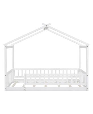 Twin Size Wood House Bed Roof Fence Pine Wood Frame 7 Slats Kids Bedroom