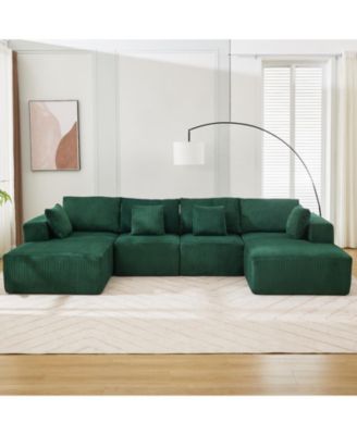 137" U-Shaped Modular Sectional Sofa, 4-Piece Corduroy Cloud Couch with Double Chaise, Pillows and No Assembly