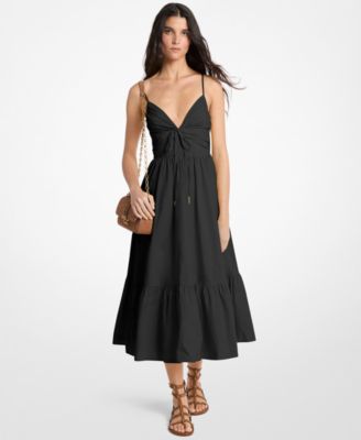 Women's V-Neck Poplin Fit & Flare Midi Dress