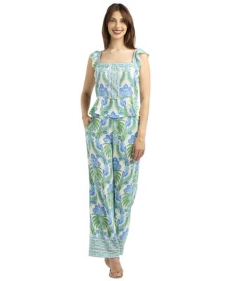  Women's Printed Flutter-Sleeve Square Neck Top and Wide-Leg Mid-Rise Pant Set