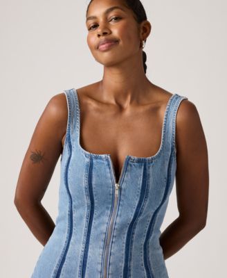 Women's Seamed Figure Hugging Slim Fit Square Neck Cotton Dress