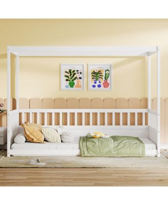 Twin Size Wooden Canopy Floor Bed With Guardrails Four Poster Design For Kids