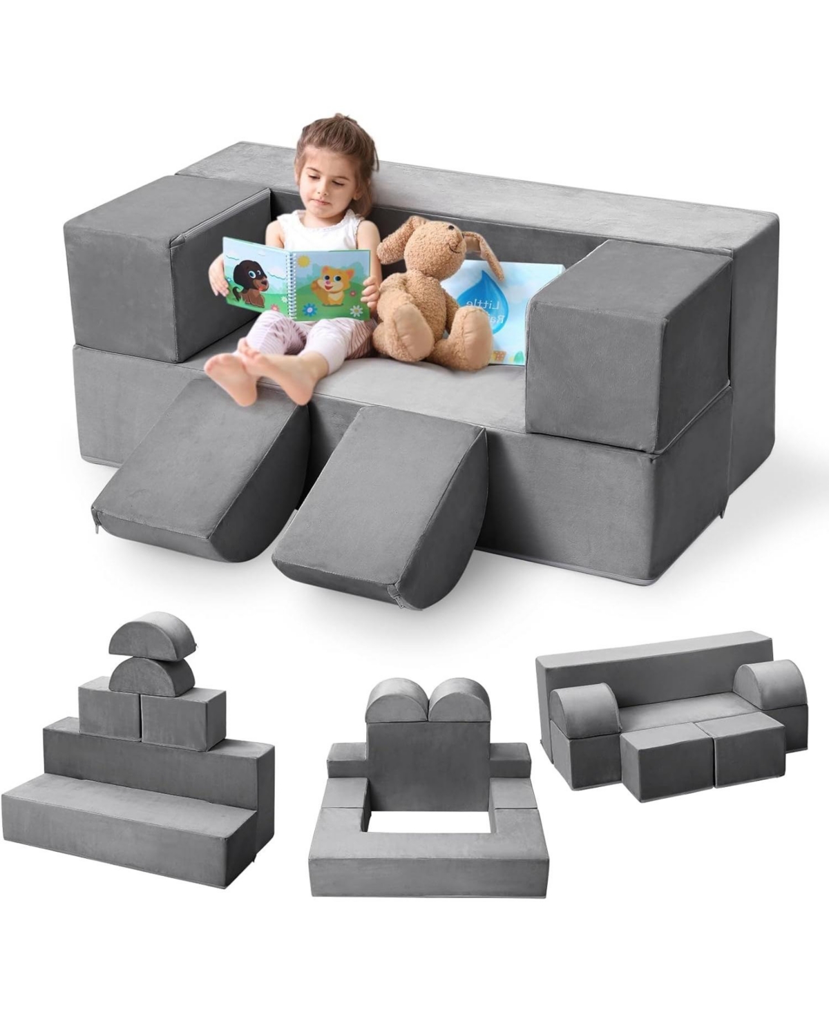 gaomon 6Pcs Modular Kids Play Couch, Toddler Foam Convertible Sofa with Removable Microvelvet Cover