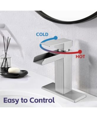 Brushed Nickel Waterfall Bathroom Faucet, Single Handle, 1/3 Hole with Deck Plate and Overflow Pop-Up Drain
