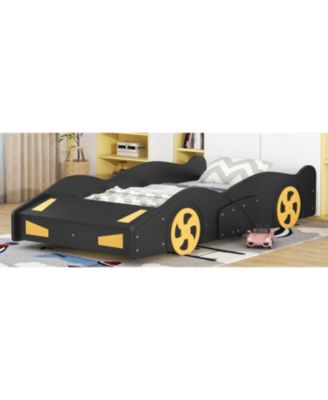 Twin Size Race Car Bed With Wheels Storage Pine Wood MDF No Box Spring