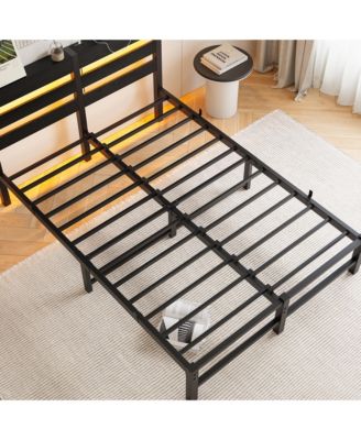 Full Size Metal Bed Wooden Headboard RGB Lights Charger Storage