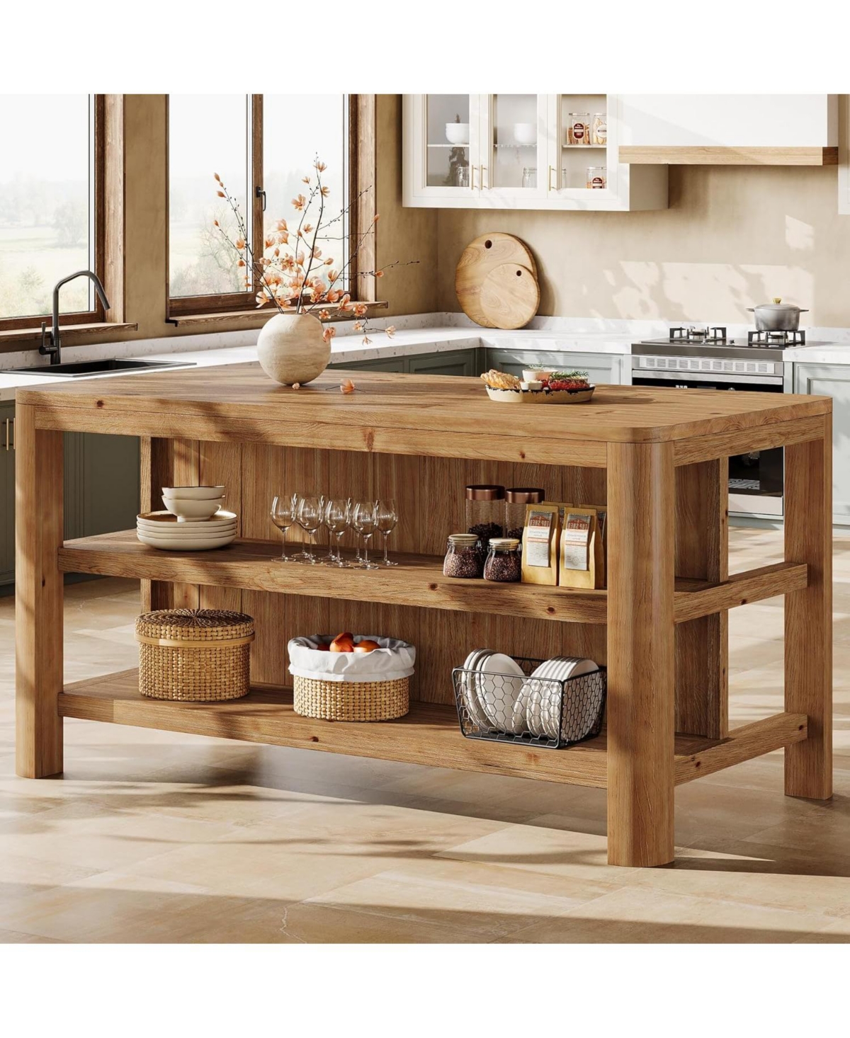 Tribesigns 63-Inch Solid Wood Kitchen Island with Storage Shelves, Farmhouse Island Table with Seating, Counter Height Bar Table