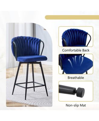 Velvet Bar Stool Set of 2, Swivel Counter Height Chairs with Metal Frame and Woven Rope Backrest for Kitchen Island, Home Pub