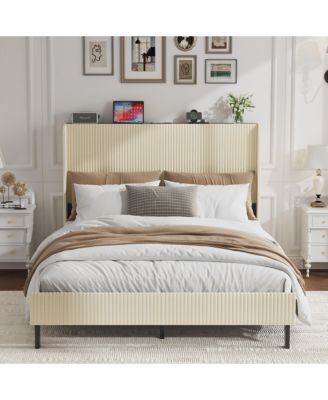 Metal Platform Bed Beige Charging Station 2 USB Ports Noise Free No Box Spring Needed