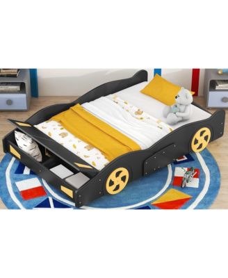Race Car Shaped Platform Bed Wheels Storage Pine Wood MDF