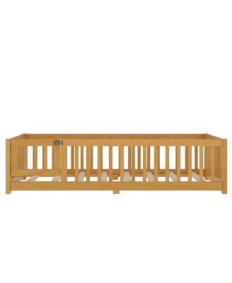 Kids Floor Bed with Safety Guardrails Removable Slats and Door Wood Construction