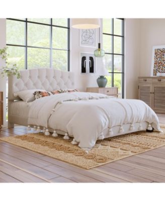 Upholstered Platform Bed Saddle Curved Adjustable Headboard Diamond Tufted Beige No Box Spring