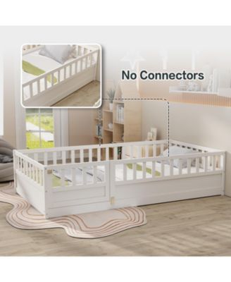 Montessori Wooden Floor Bed With Support Slat High Barrier And Door