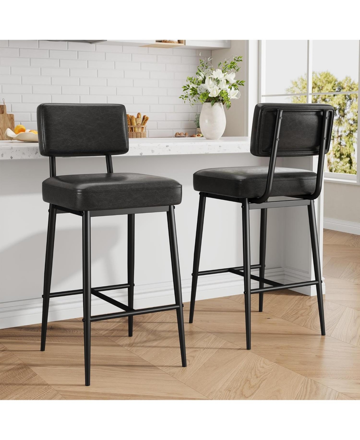 gaomon Bar Stools Set of 2,26" Faux Leather Counter Height Bar Stool with Back,Metal Legs,Modern Upholstered Barstool Chairs