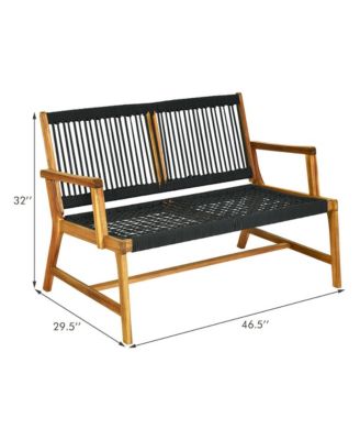 Wooden Rope Bench Loveseat Patio Garden Outdoor w/ Backrest and Armrest