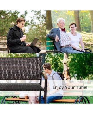 Patio Wicker Bench All Weather Rattan Chair Loveseat w/ Acacia Armrest