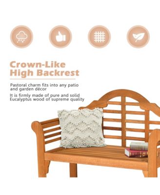 Foldable Patio Wooden Bench Garden Loveseat with Crown-Like Backrest