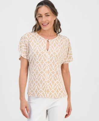 Petite Printed Keyhole Split-Sleeve Top