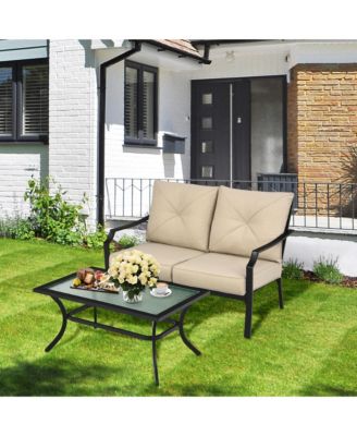 2PCS Outdoor Loveseat Set Cushioned Patio Bench Sofa w/ Coffee Table