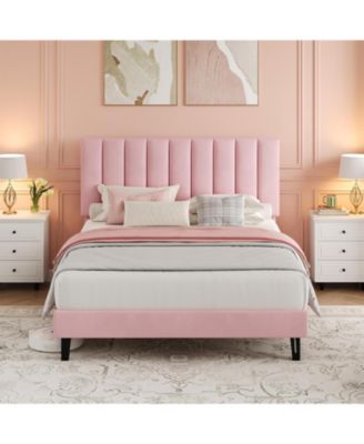 Full Size Velvet Iron MDF Vertical Pattern Soft Bag Basic Bed, Upholstered Bed Frame, Stylish Design, Comfortable Mattress, No Box Spring