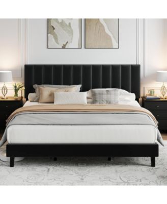King Size Velvet Iron MDF Vertical Pattern Soft Bag Basic Bed, Black Upholstered Bed Frame, Stylish Design, Comfortable Mattress, No Box Spring