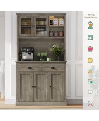 tall freestanding kitchen pantry cabinet with drawers, adjustable shelves, and microwave stand for kitchen or dining room
