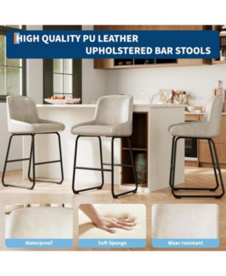 Bar Stools Set of 3,PU Leather Counter Height Barstools with Back and Footrest,Upholstered Bar Chairs for Dining Room Kitchen Island