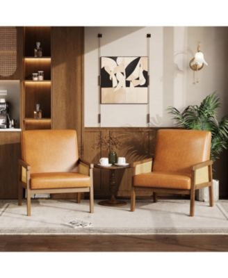 PU Leather Accent Chair,Rattan Armchair with Wooden Frame,High Back,Upholstered Reading Chair Leisure Chairs for Living Room Bedroom