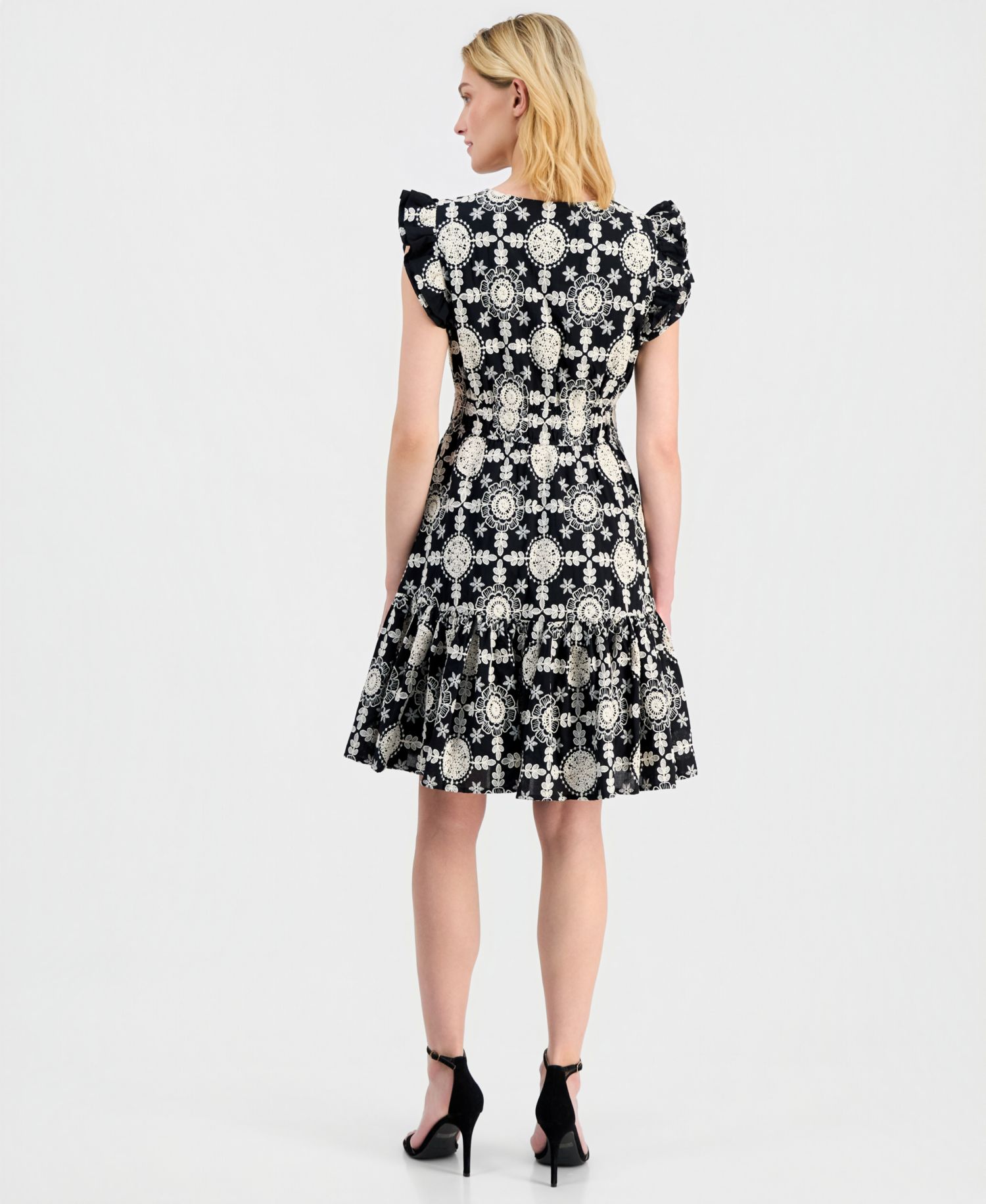 Women's V-Neck Ruffle-Sleeve Embroidered Cotton Dress